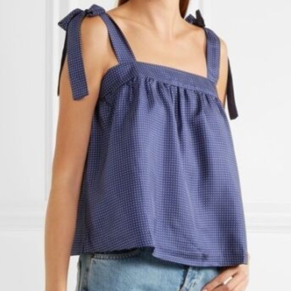 J Crew Tie Shoulder Silk Top Polka dot Navy Blue White Tank Cami Zip Bow 12